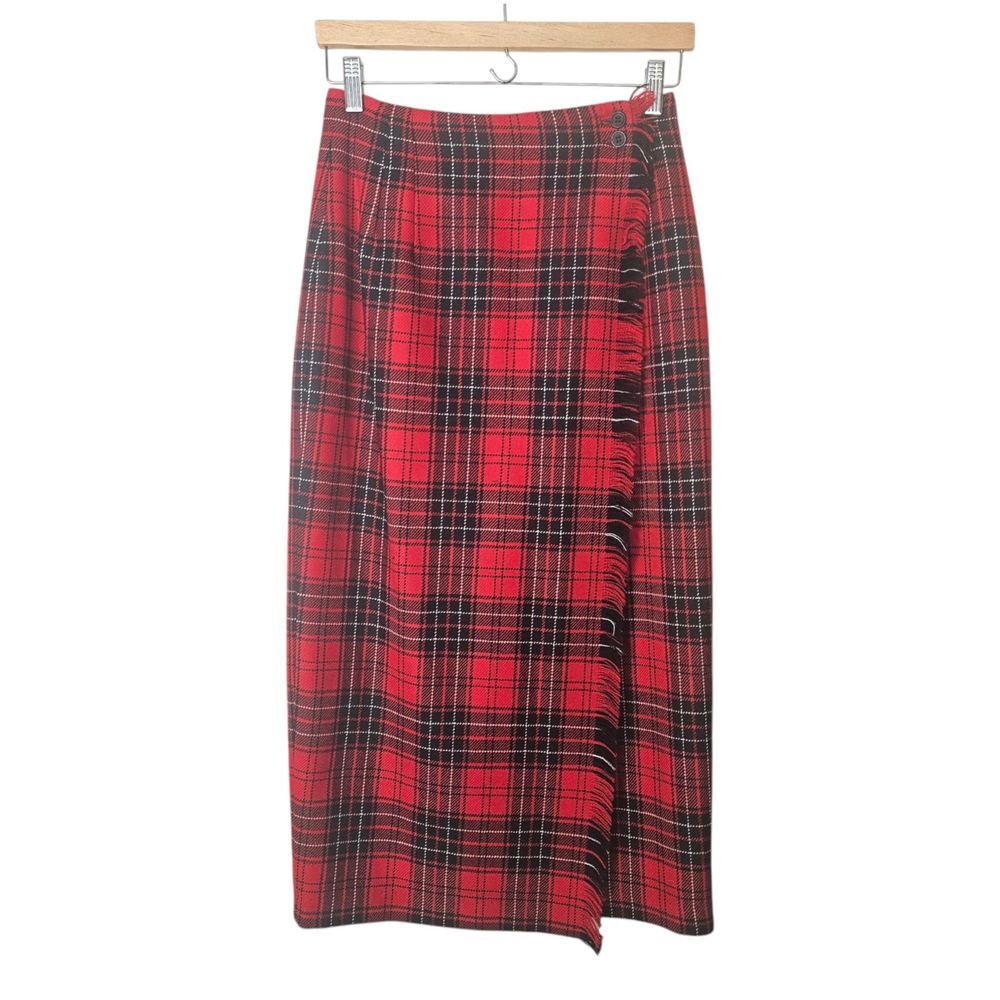 VTG Rafaella 6 Wool Plaid Maxi Wrap Skirt Fringe Red Black Academia Classic 80s